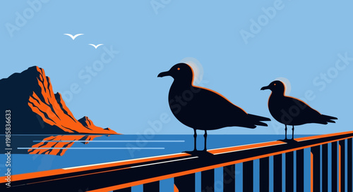 Two shorebirds perched on a railing overlooking a rocky coastline under a bright blue sky.