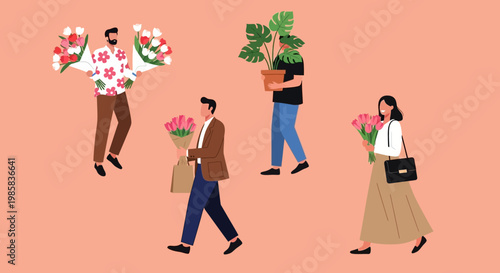 Group of Diverse People Carrying Potted Plants and Flowers in an Urban Street Scene.