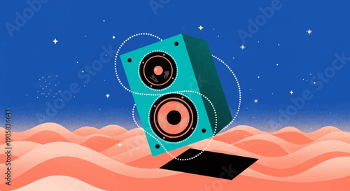 Floating teal speaker drifting above red desert dunes under a starry night sky with cosmic glow.