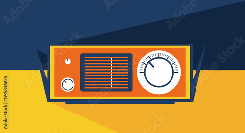 Retro orange portable radio resting on a bright yellow surface with a blue shadowed backdrop.