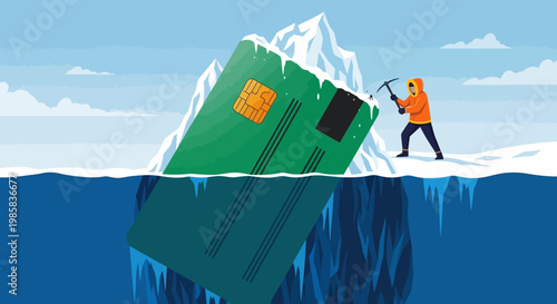 Person Struggling to Salvage a Giant Credit Card Frozen on an Iceberg, Symbolizing a Financial Crisis and Debt in the Ocean.