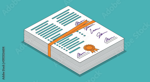 Stack of signed contracts and invoices bound with ribbon and stamp.