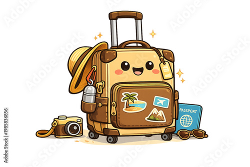 kawaii travel essentials, cute suitcase, travel accessories, kawaii illustration, travel essentials set, luggage design, adorable travel items, vacation packing, cute passport, travel checklist, kawai