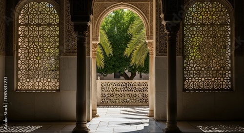 Ornate Moorish Archway with Geometric Windows and Green Courtyard View