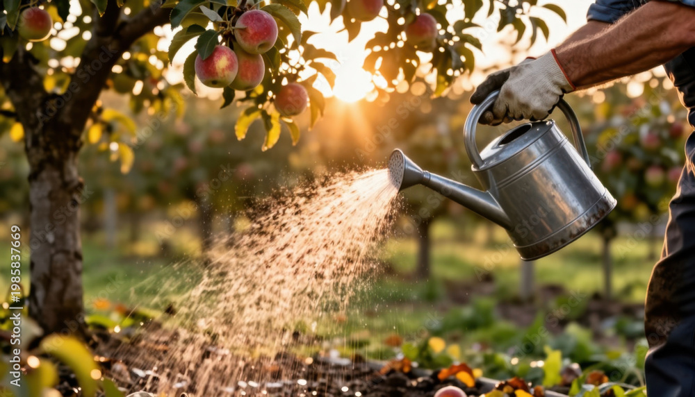 Obraz premium A man waters apple trees in an orchard during sunset. The man uses a watering can to nourish the apple trees in the warm light of the setting sun.
