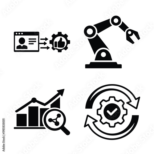 Automation map set, process map icons for robotic workflow and analytics black and white vector