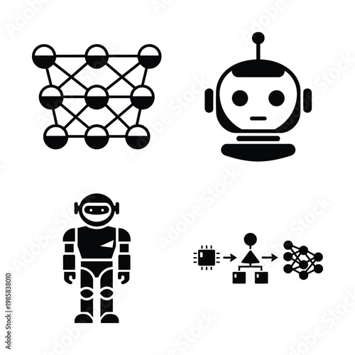 AI robot map set, neural network map and automation map black and white vector icons