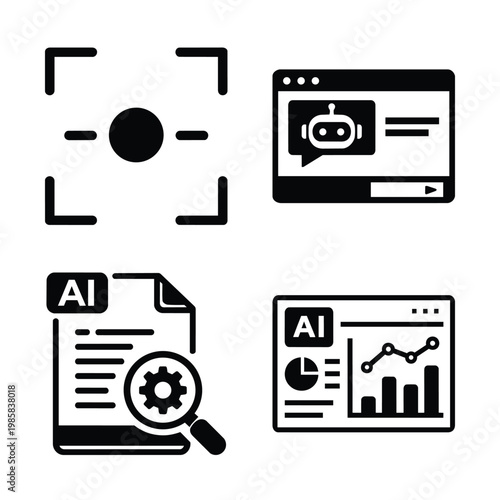 AI workflow map set, analytics map and chatbot interface black and white vector icons