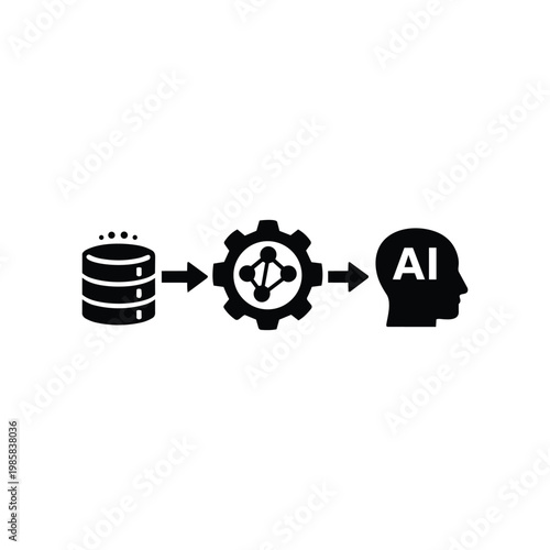 AI data processing map icon, machine learning map black and white vector