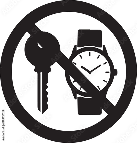 Prohibited clock and key, no time, forbidden sign, black vector icon