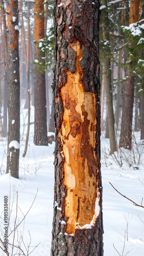 Snowy forest scene with damaged tree trunk