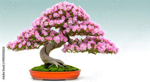 A meticulously cultivated miniature flowering pink bonsai tree, its gnarled branches gracefully adorned with a profusion of delicate blossoms, showcasing the art of horticultural mastery