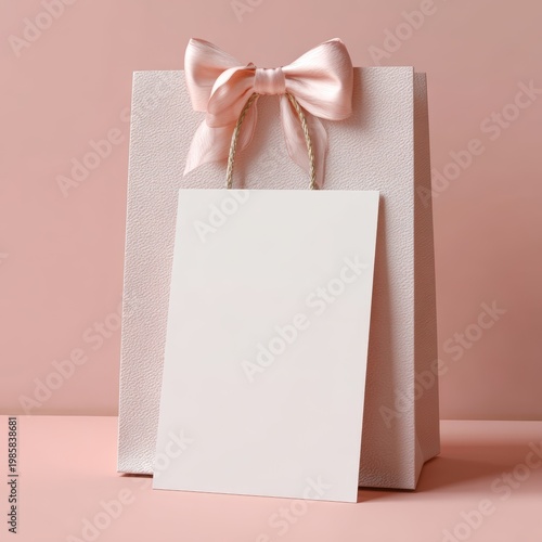 A stylish pink gift bag with a decorative bow and a blank card is showcased against a soft pastel background, Ideal for branding, invitations, or holiday promotions,