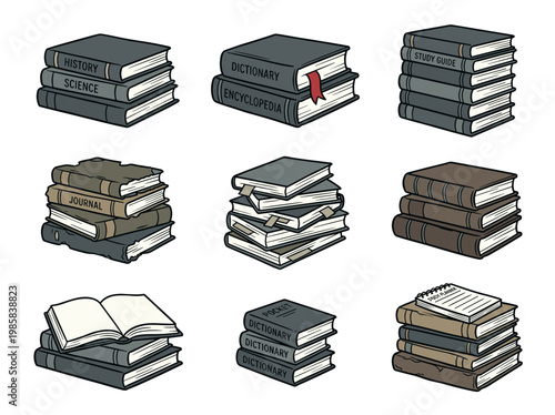 Stacked books scientific illustration icon set: vintage hand-drawn textbooks and encyclopedias for education