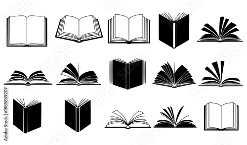 Open Book Icon Set with Various Reading Positions and Page Styles in Black and White for Education, Library, Publishing, and UI Design