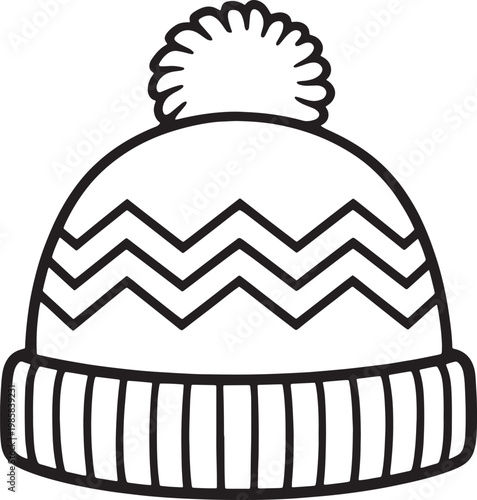 Illustrated winter knit beanie hat with zigzag pattern and pom pom top