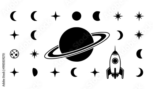 Space Icon Set with Planet, Rocket, Moon Phases, Stars, and Galaxy Elements in Minimal Black and White Style for UI, Apps, and Design