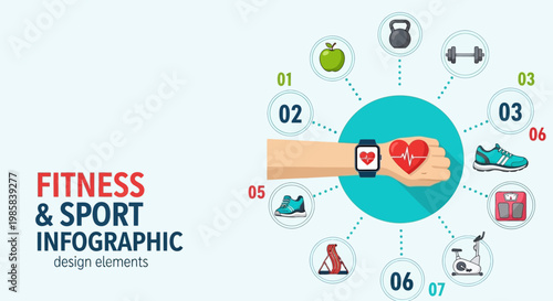 Healthy Lifestyle Infographic With Icons Representing Fitness And Sport Activities And Heartbeat Monitor On Wrist