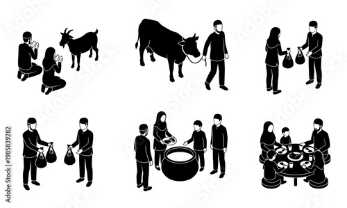Black and white isometric vector illustration of qurbani process, muslim family praying, walking livestock cow, distributing meat bags, and gathering for eid al adha dinner.