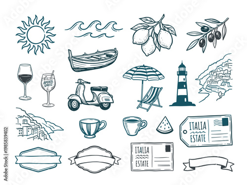 Italian summer vacation illustration set, vintage coastal travel poster elements and Mediterranean hand-drawn sketchbook sketches