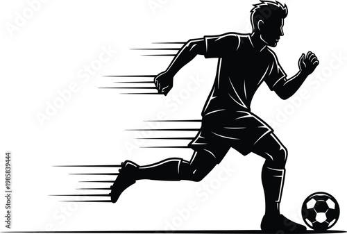 Soccer player silhouette dashes across the field with incredible speed while skillfully dribbling a ball toward the goal in this high-energy athletic depiction.