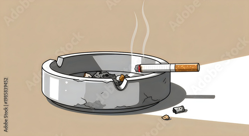 Ashtray with a lit cigarette burning and smoking, ash and cigarette butts in a ceramic ashtray on a table with soft light and shadow