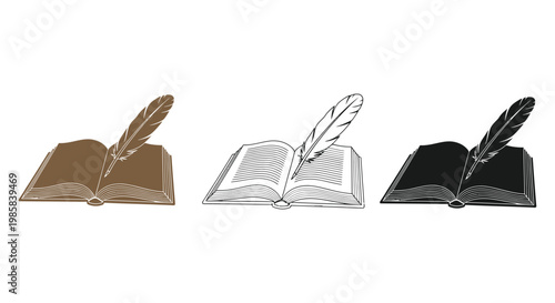 Book icon illustration with feather quill in brown, black and white