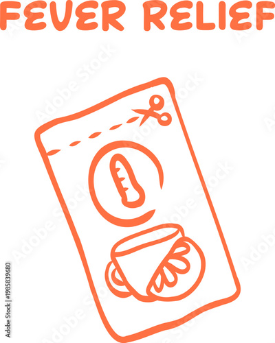 Fever relief medicine packet with cup and lemon illustration in outline style on light background perfect for healthcare ads, wellness content