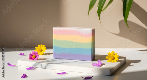 A beautifully crafted rainbow-colored bar of soap rests on a marble slab, adorned with delicate flower petals and vibrant green leaves, casting soft shadows