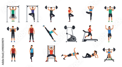 Diverse Group of People Engaging in Various Physical Fitness Activities and Sports Training Exercises on White Background