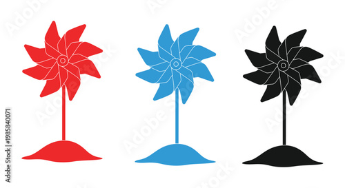 Flower pinwheel icons in red, blue, and black colors on white background