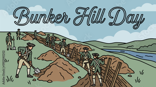 Bunker Hill Day Illustration: Colonial Soldiers Digging Fortifications near River under Cloudy Sky, Vector Art