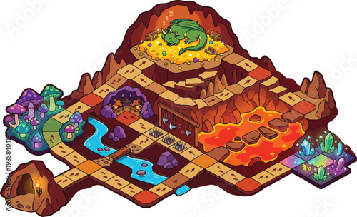Fantasy board game map vector, isometric dungeon level with dragon and lava, tabletop game design
