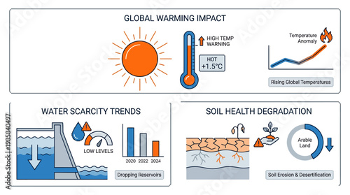 Global Warming and Environmental Degradation Trends Infographic: Sun, Thermometer, Water Scarcity, Soil Erosion, Arable Land Loss