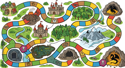 Fantasy board game map vector, medieval adventure path, colorful tabletop gaming layout