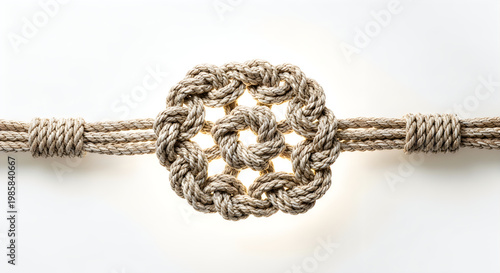 A complex macrame knot or woven rope pattern creating a detailed circular design with horizontal rope elements
