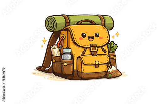 smiling backpack, adventure gear, cute backpack, kawaii illustration, travel accessories, camping gear, hiking essentials, cheerful character, outdoor adventure, travel bag, adorable design, cartoon b