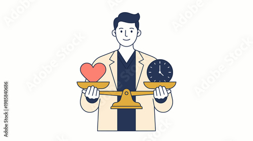 Doctor Balancing Heart and Clock Icons on Gold Weight Scale