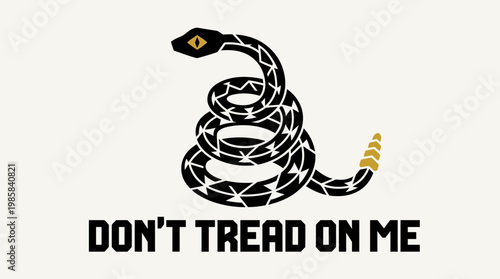 Gadsden Flag Rattlesnake coiled and text Don't Tread On Me vector art, American history symbol, retro patriotic illustration, black and gold on cream background