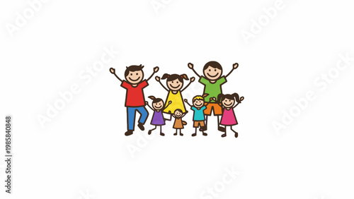 Group of diverse family stick figures cheering on white background