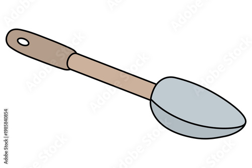 Garden measuring trowel. Metal scoop with a wooden handle and a hanging hole. Color vector illustration. Isolated on white background. Idea for web design.