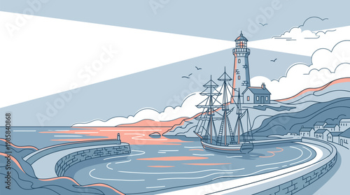 Sailboat in harbor with lighthouse and coastal town, vintage illustration