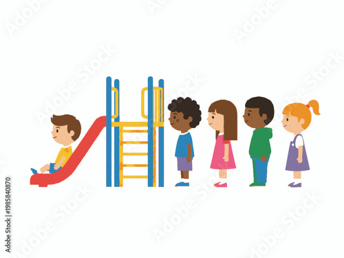 Children Queue for Playground Slide Illustration Isolated