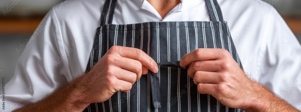 Naklejka premium Chef Adjust Apron Close Up, Professional Kitchen Prepare for Work Process