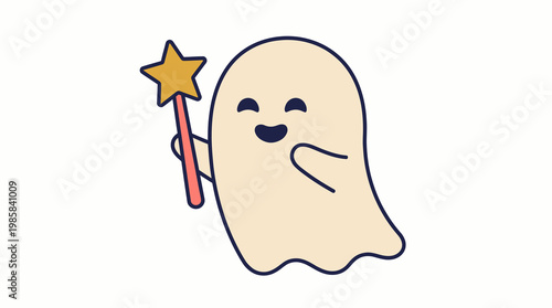 Cute ghost cartoon character holding star magic wand