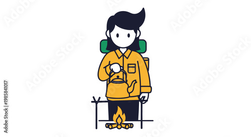 Hiker boiling water with kettle over campfire illustration