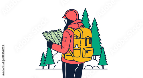 Hiker with Yellow Backpack Holding Map in Forest Flat Illustration