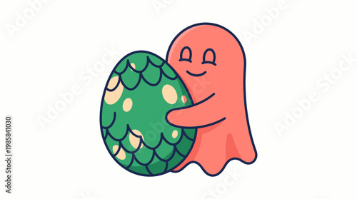 Pink Ghost Character Hugging Green Dragon Egg on White Background