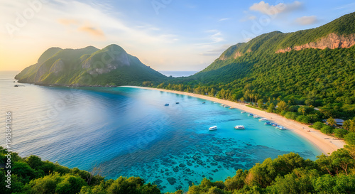 Tranquil Paradise Beach Scenic View of Lush Green Mountains Meeting the Crystal Blue Ocean Waters Under a Serene Sky