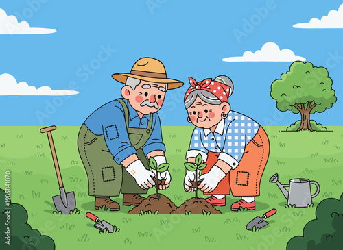 Senior couple planting young tree together in garden eco friendly activity illustration